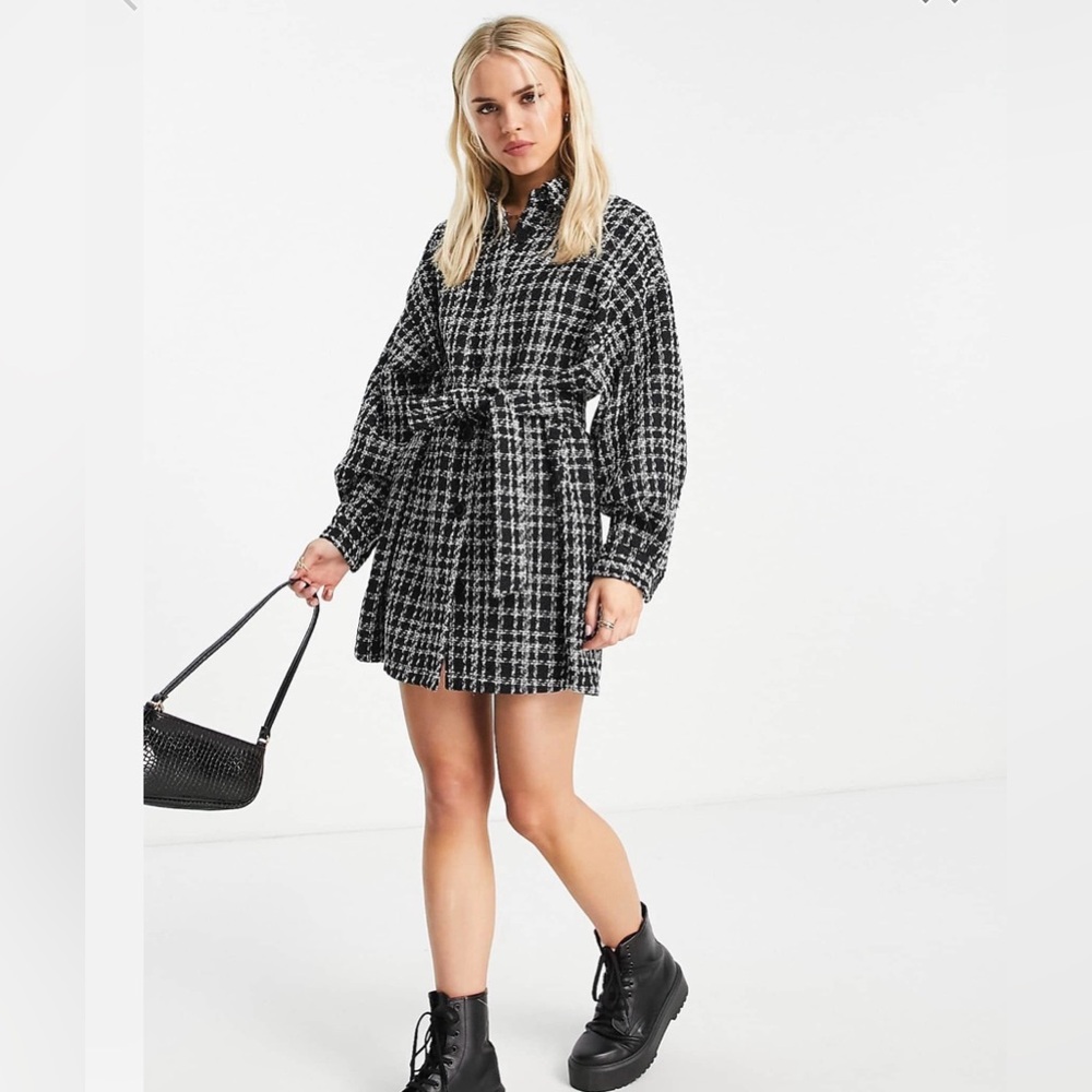 ASOS Petite Belted Mini Black and White Shirt Dress in Mono Boucle